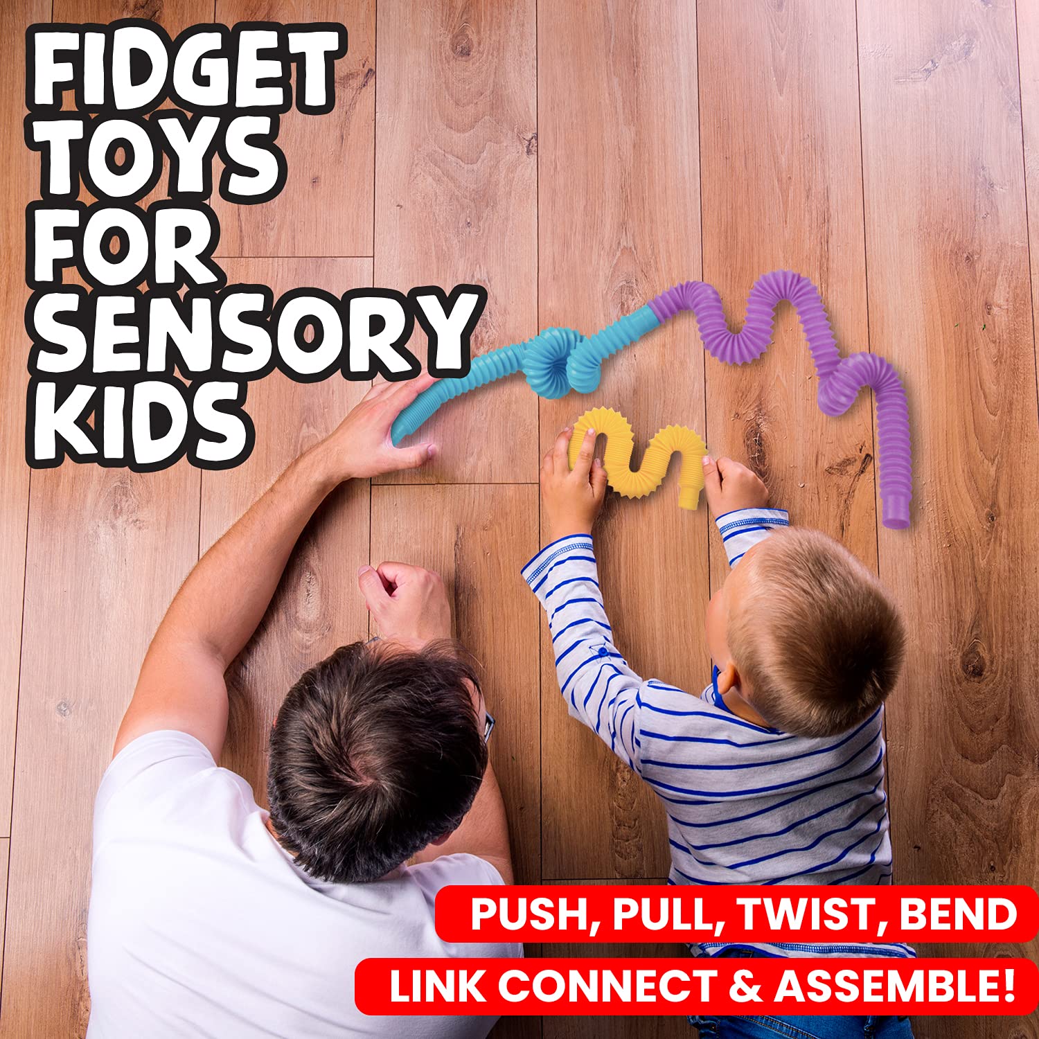 BunMo Pastel Pop Tubes 6pk. Pop Tubes Fidget Toy for Fine Motor Skills, Stress Relief & Toddler Learning. Fidget Tubes and Sensory Tubes are Stocking Stuffers, Fidget Tube & Toddler Toys.
