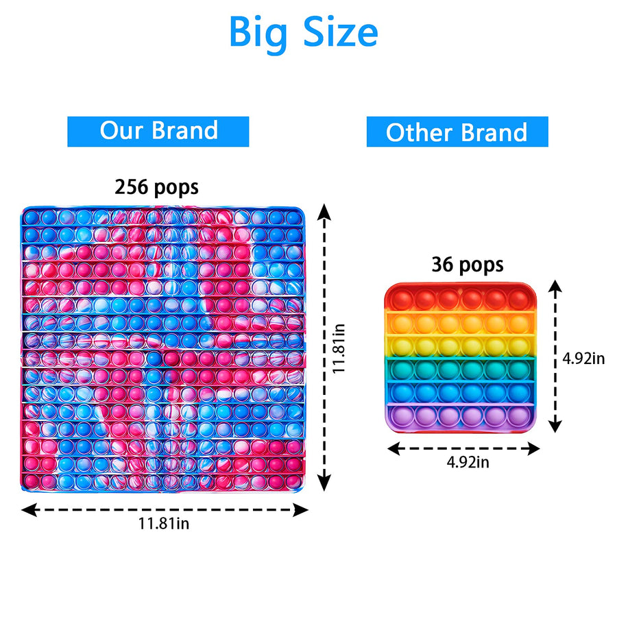 256 Bubbles Big Size Pop Fidget It Toy-Jumbo Push Bubble Popping Autism Sensory Toys Giant Popitz Tie Dye Toys Huge Large Size Popper Fidget Pack Stress Reliever for Kids Boys Girls Adults