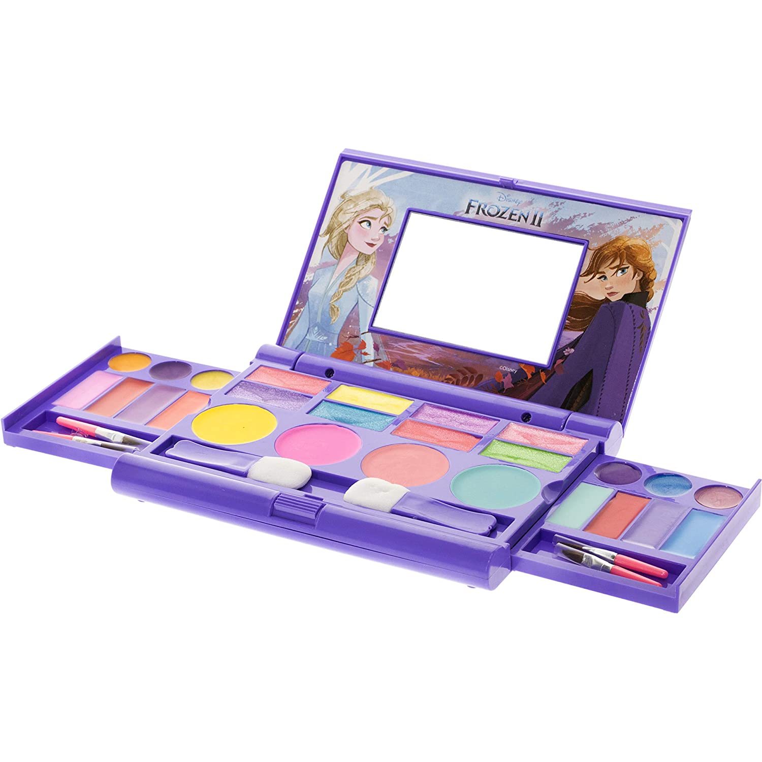 Disney Frozen 2 - Townley Girl Cosmetic Compact Set with Mirror 22 lip glosses, 4 Body Shines, 6 Brushes Colorful Portable Foldable Washable Make Up Beauty Kit Box Set for Girls Kids Toddler