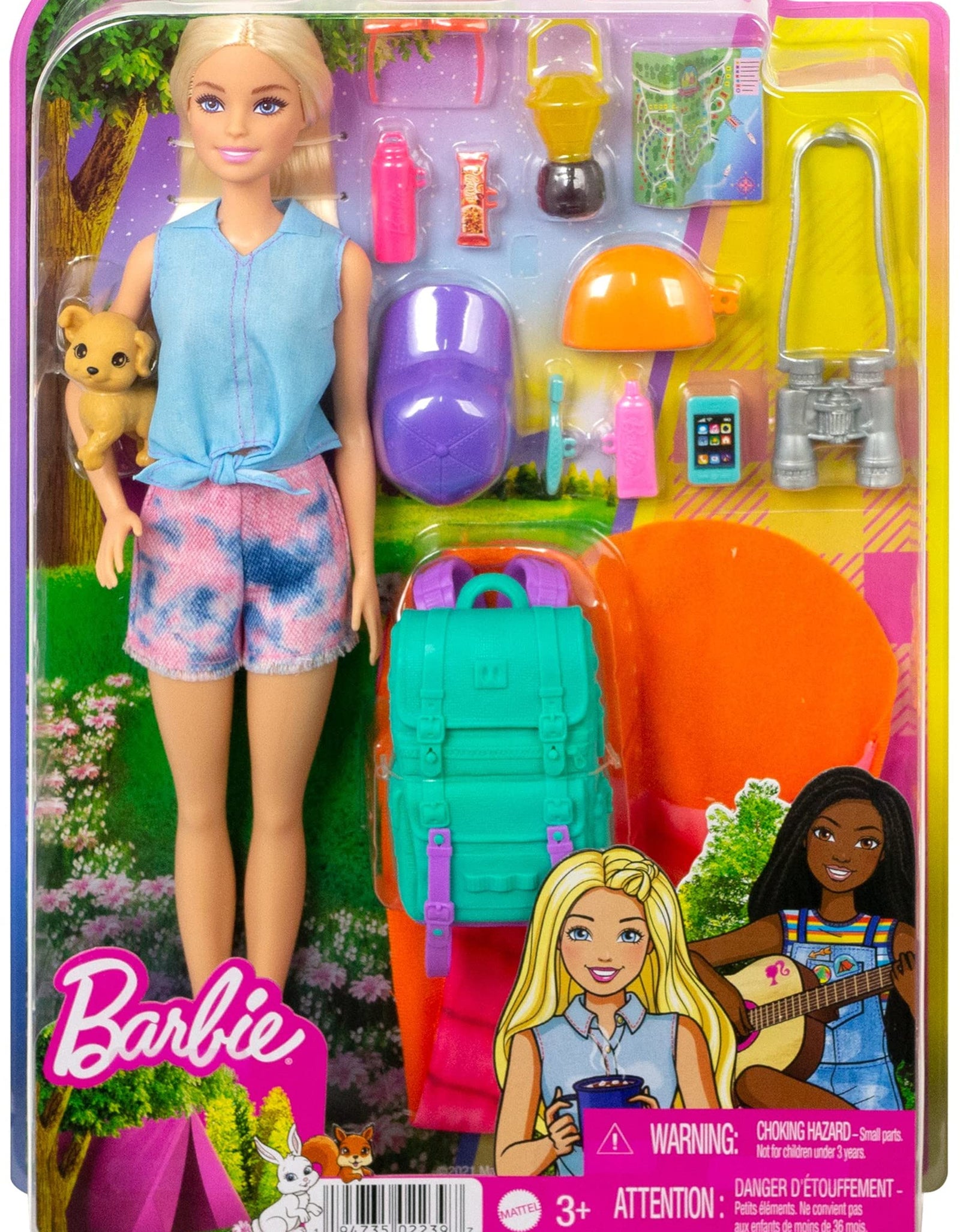 Barbie It Takes Two “Malibu” Camping Doll (11.5 in Blonde) with Pet Puppy, Backpack, Sleeping Bag & 10 Camping Accessories, Gift for 3 to 7 Year Olds