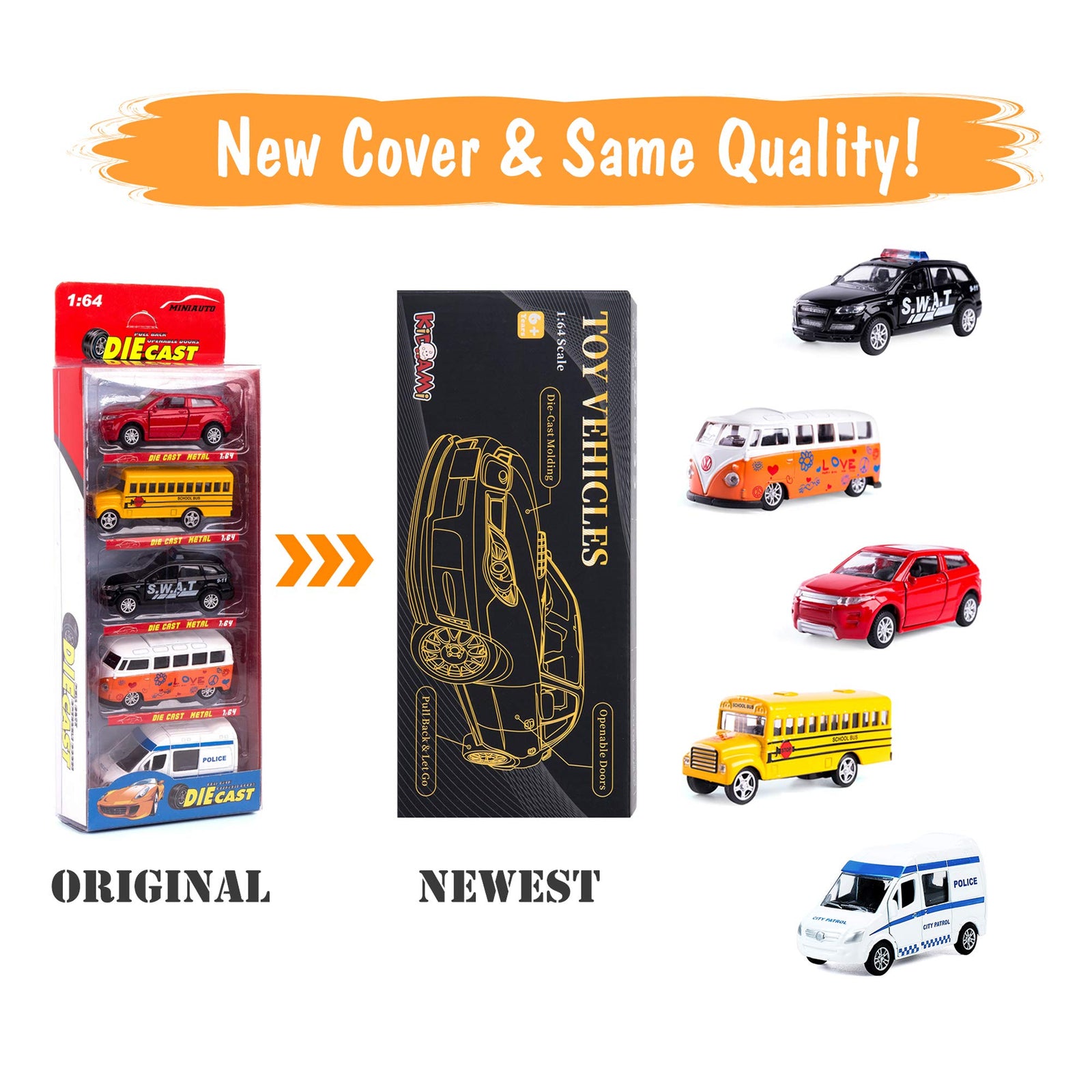 KIDAMI Die-cast Metal Toy Cars Set of 5, Openable Doors, Pull Back Car, Gift Pack for Kids (Official Car)