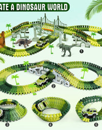 AUUGUU Kids Dinosaur Race Car Track with Flexible Track, Dino Toys, Bridge, Ramps and 2 Race Car Toys – Prehistoric Race Track for Kids Age 3-5
