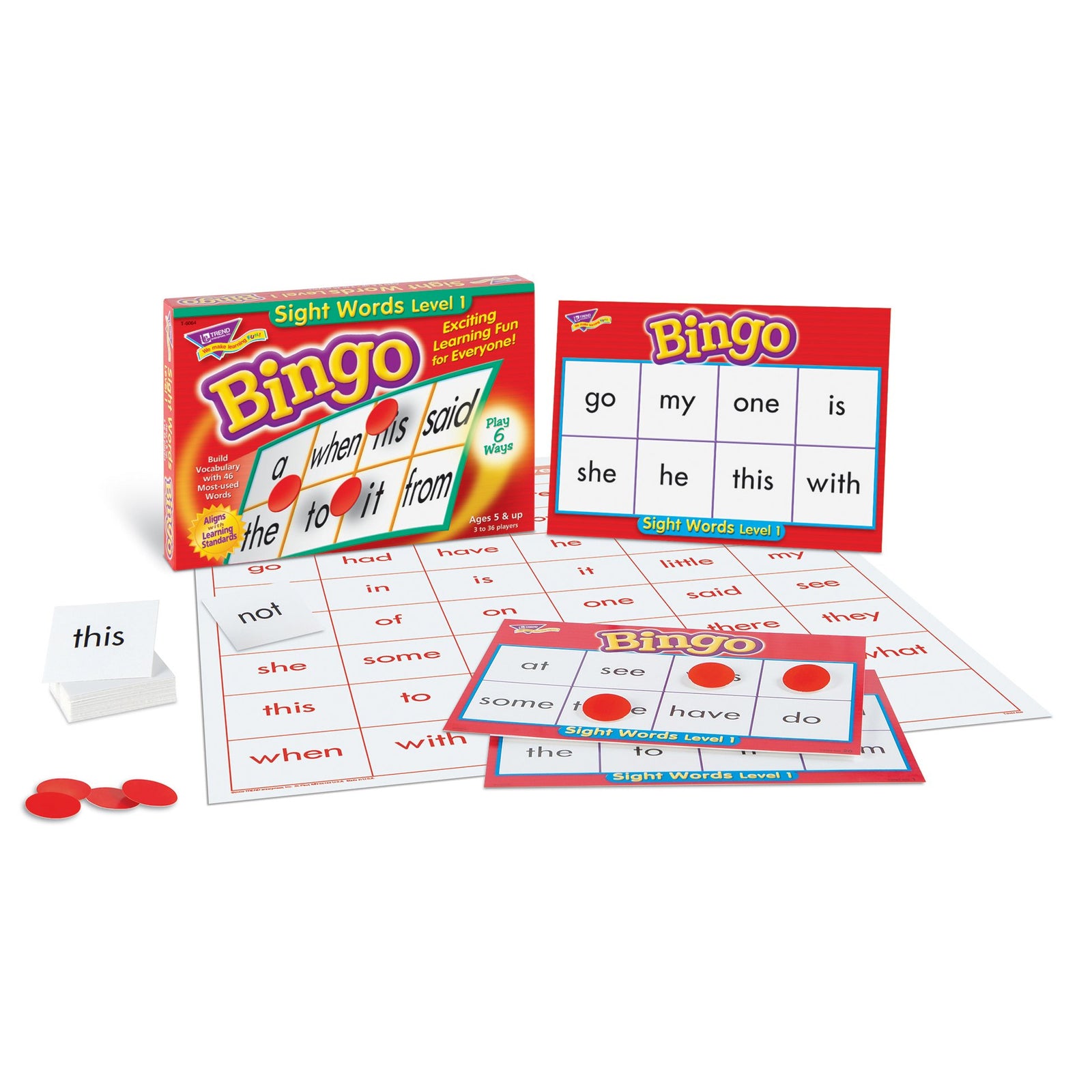 Sight Words Bingo - Language Building Skill Game for Home or Classroom (T6064), Build Vocabulary with 46 Most-Used Words, 3 - 36 players, Age 5 and up, Cover the Spaces Needed to Win & Call Bingo