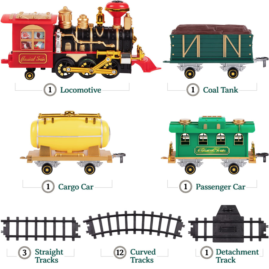 Christmas Steam Train Toy - Electric Train Set for Around Christmas Tree and Kids with Real Smoke, Music, & Lights Xmas Trains