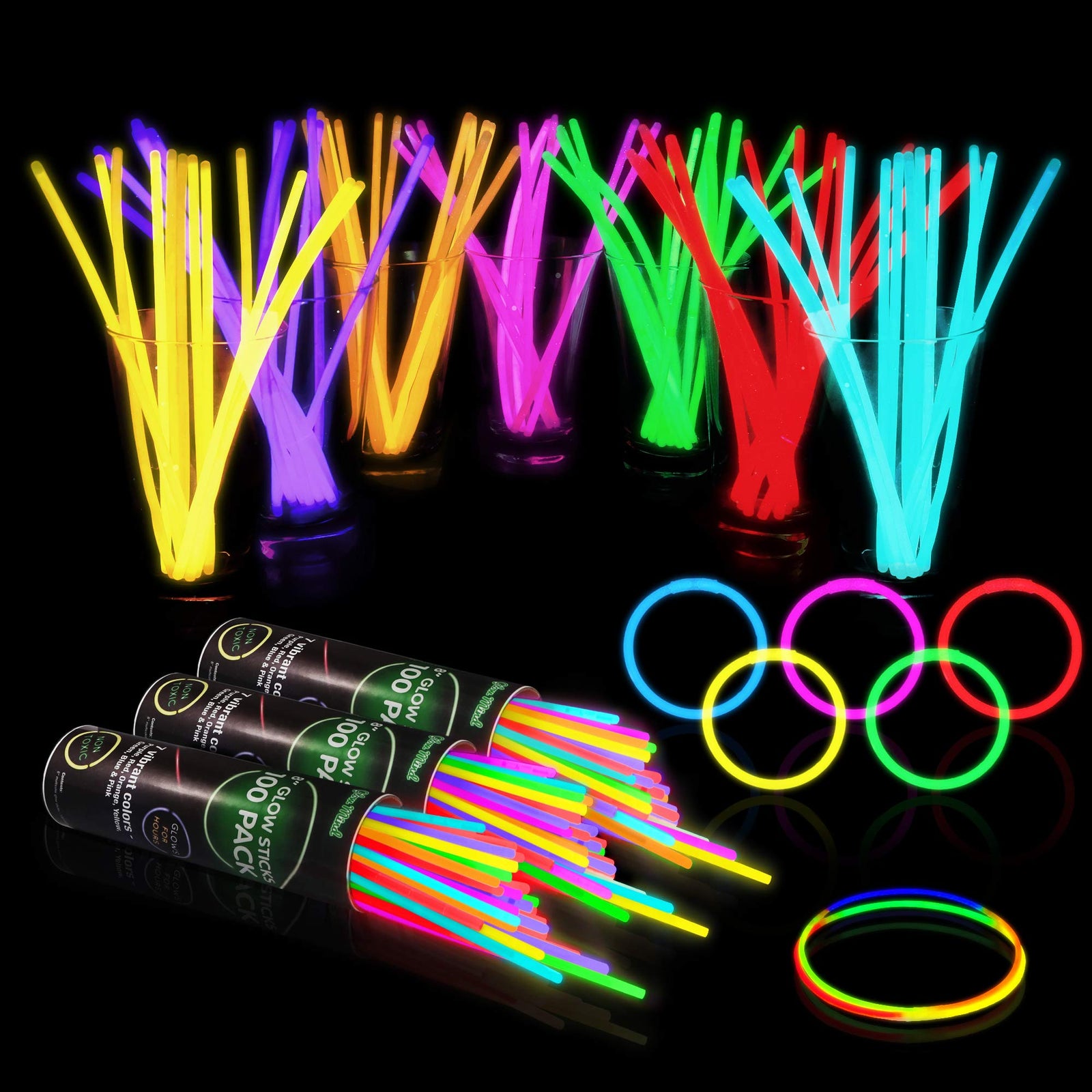 300 Glow Sticks Bulk Party Supplies - Halloween Glow in The Dark Fun Party Favors Pack with Connectors, Neon 8 inch Glowsticks Bracelets and Necklaces