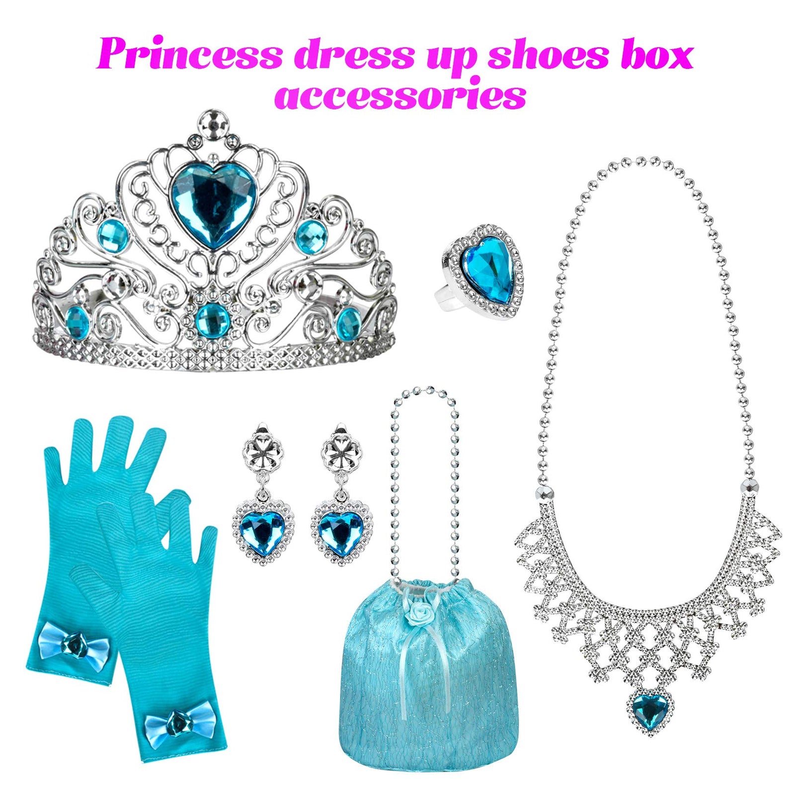 Princess Dress Up Shoes Set Girls Role Play Shoes Pretend Jewelry Toys Set Gift Set 4 Pairs of Shoes Kit Collection of Tiara Crown Earrings Necklace Rings Handbag Gloves for Girls Aged 3-6 Years Old