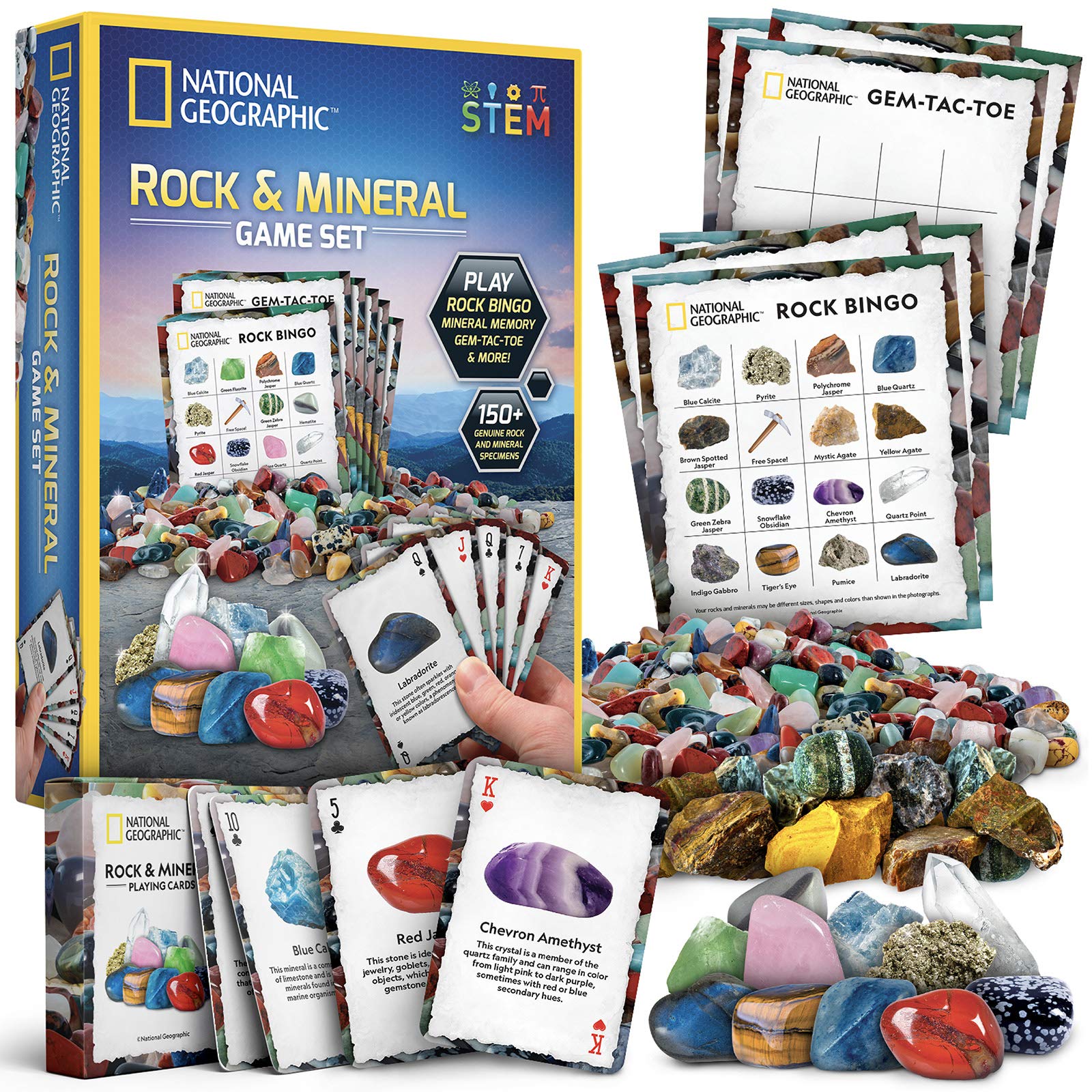 NATIONAL GEOGRAPHIC Rock Bingo Game -Play Rock Bingo, Mineral Memory, Gemstone Trivia, & Your Favorite Card Games, Collection Includes Over 150 Rocks and Minerals, Great Educational STEM Toys for Kids