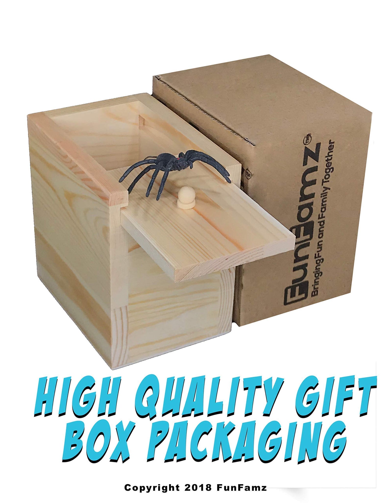 FunFamz The Original Spider Prank Box- Funny Wooden Box Toy Prank, Hilarious Christmas Money Gift Box Surprise Toy and Gag Gift Practical Joke Bromas Kit