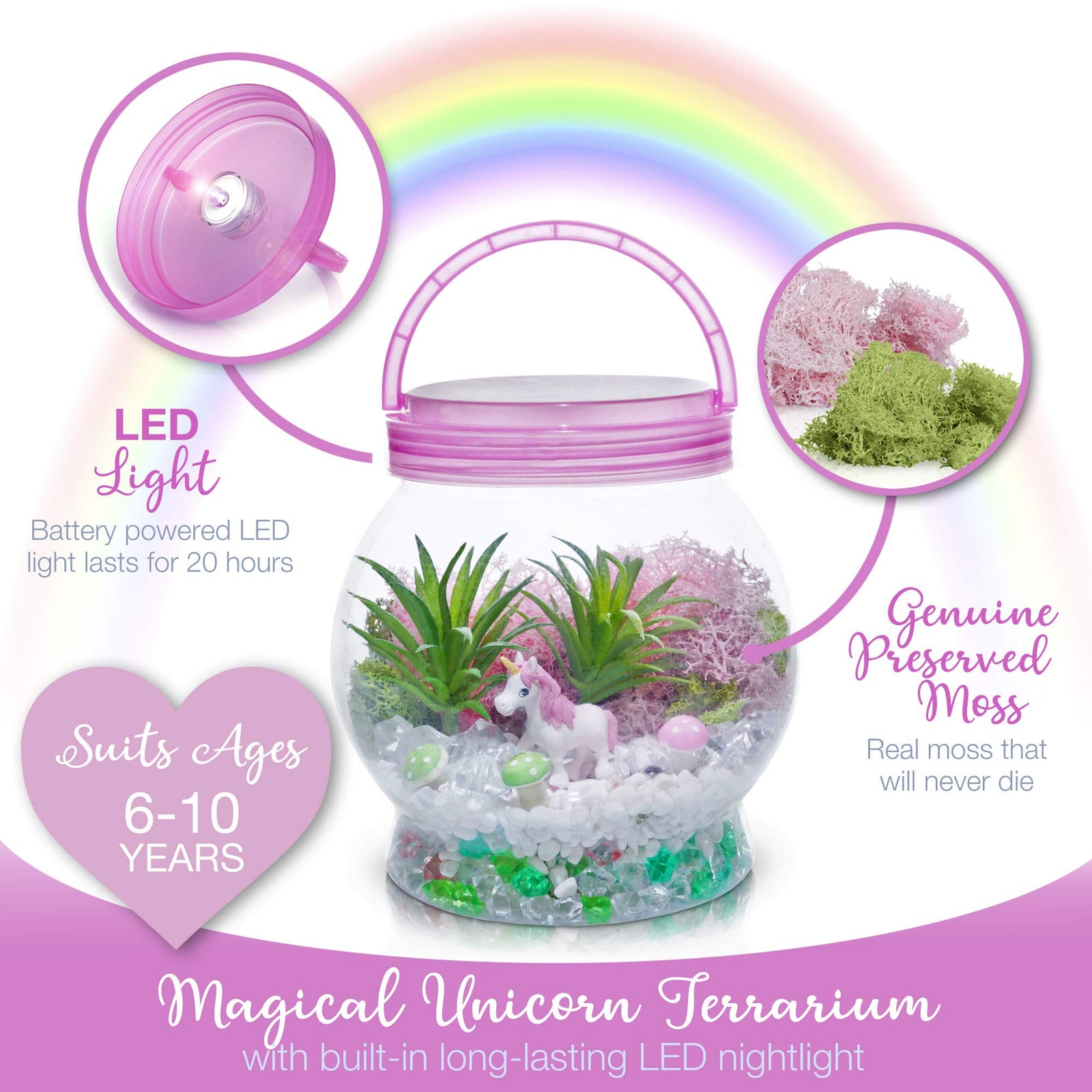 DIY Light up Unicorn Terrarium Kit for Kids with LED Light - Create Your Own Magical Mini Plant Garden in a Jar - Unicorn Gifts For Girls - Crafts, Kits, Unicorn Stuff, Bedroom Decor