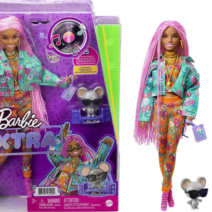 Barbie Extra Doll #10 in Floral-Print Jacket & Jogger Set with DJ Mouse Pet, Extra-Long Pink Braids, Layered Outfit & Accessories, Multiple Flexible Joints, Gift for Kids 3 Years Old & Up