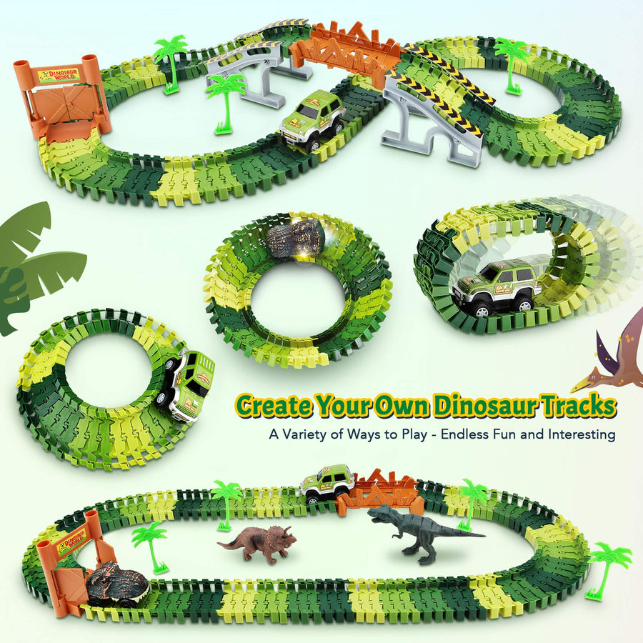 Hony Kids Dinosaur Race Car Track with Flexible Track,Dino Toys, Dinosaur Tracks, Dinosaur Car and Race Car Toys for Kids , Dinosaur Toys for Age 3 4 5 6 7 Year & Up Old boy Girls Birthday Gifts