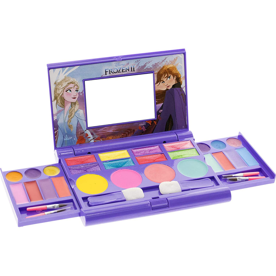 Disney Frozen 2 - Townley Girl Cosmetic Compact Set with Mirror 22 lip glosses, 4 Body Shines, 6 Brushes Colorful Portable Foldable Washable Make Up Beauty Kit Box Set for Girls Kids Toddler