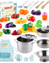 35 Pcs Kitchen Pretend Play Accessories Toys,Cooking Set with Stainless Steel Cookware Pots and Pans Set,Cooking Utensils,Apron,Chef Hat,and Cutting Play Food for Kids,Educational Learning Tool
