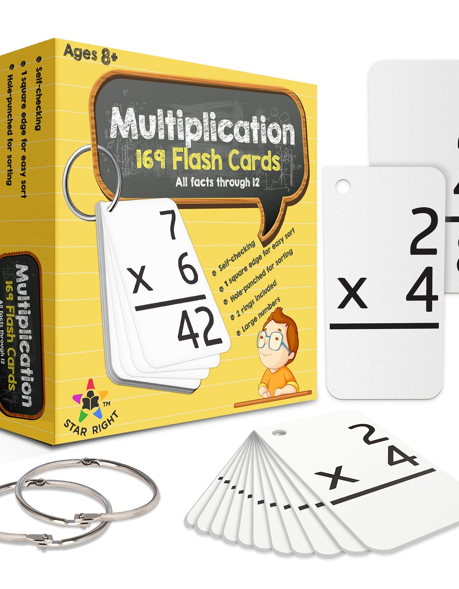 Star Right Math Flash Cards - Multiplication Flash Cards - 169 Hole Punched Math Game Flash Cards - 2 Binder Rings - for Ages 8 and Up - 3rd, 4th, 5th and 6th Grade