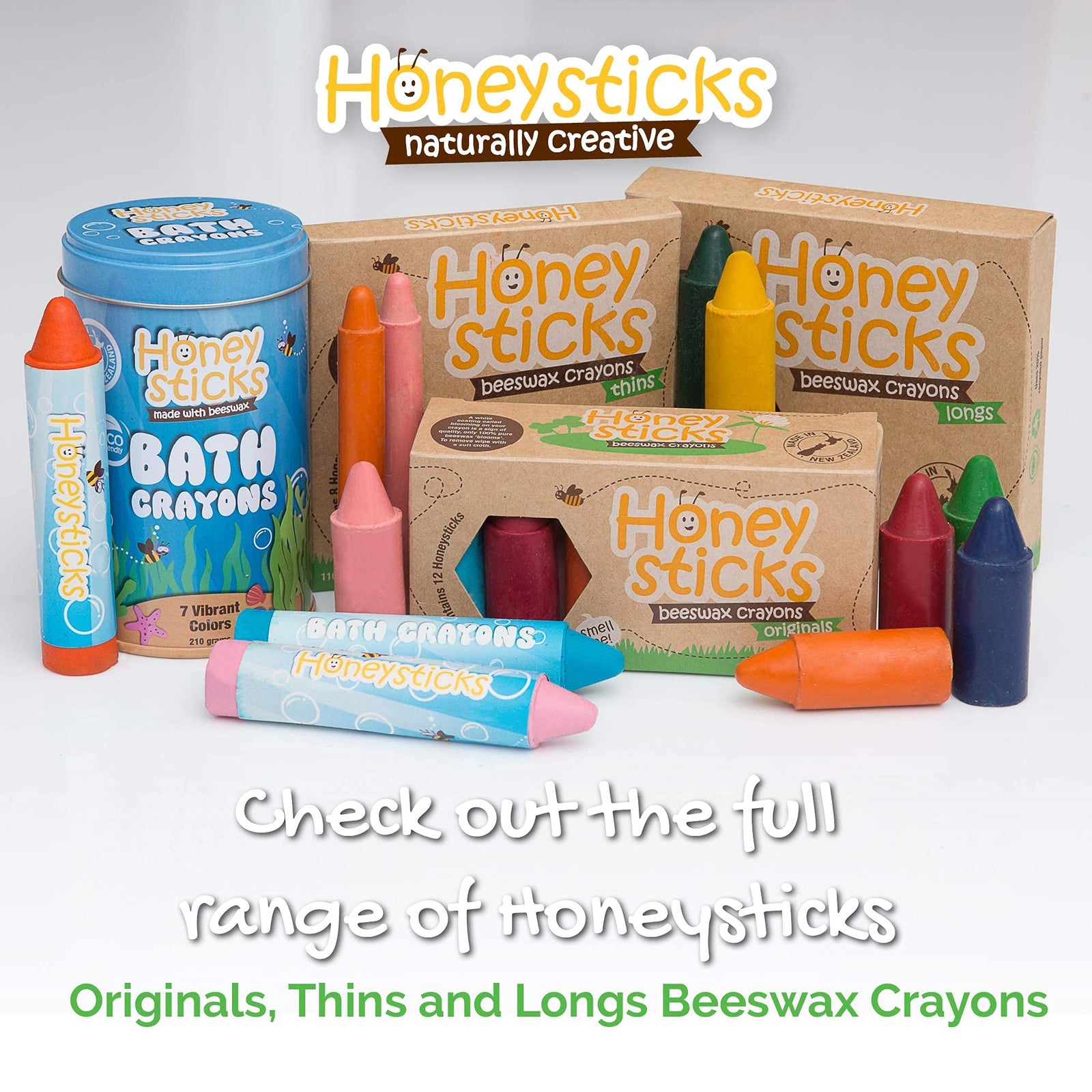 Honeysticks Bath Crayons for Toddlers & Kids - Handmade from Natural Beeswax for Non Toxic Bathtub Fun - Fragrance Free, Non-Irritating Bath Toys - Bright Colors and Easy to Hold - Washable - 7 Pack