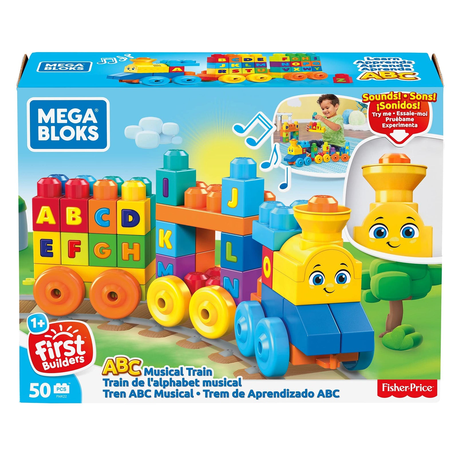 Mega Bloks First Builders ABC Musical Train with Big Building Blocks, Building Toys for Toddlers (50 Pieces)
