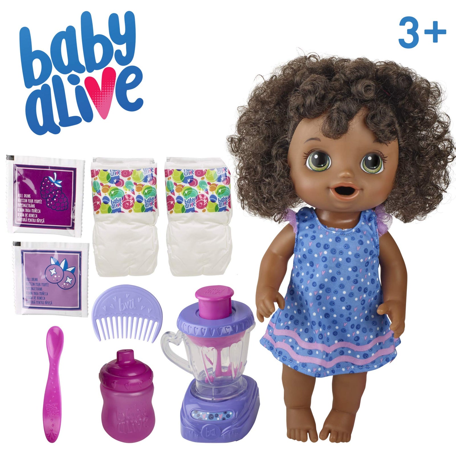 Baby Alive Magical Mixer Baby Doll Berry Shake with Blender Accessories, Drinks, Wets, Eats, Black Hair Toy for Kids Ages 3 and Up