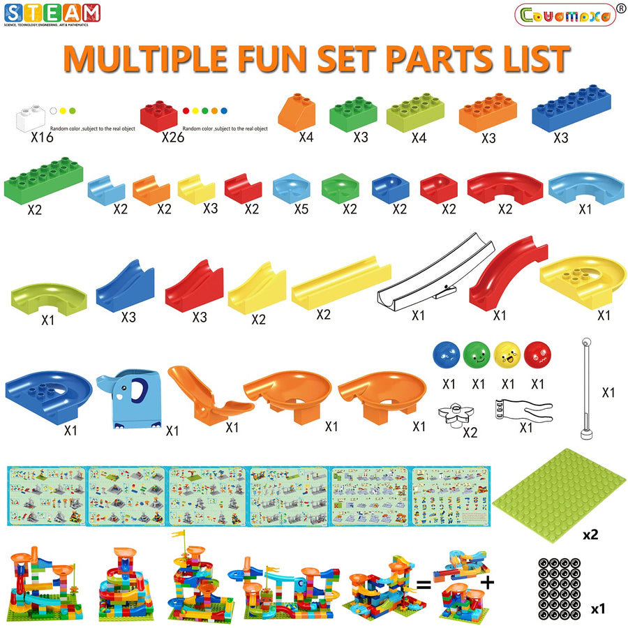 COUOMOXA Marble Run Building Blocks Classic Big Blocks STEM Toy Bricks Set Kids Race Track Compatible with All Major Brands 110 PCS Various Track Models for Boys Girls Toddler Age 3,4,5,6,7,8+