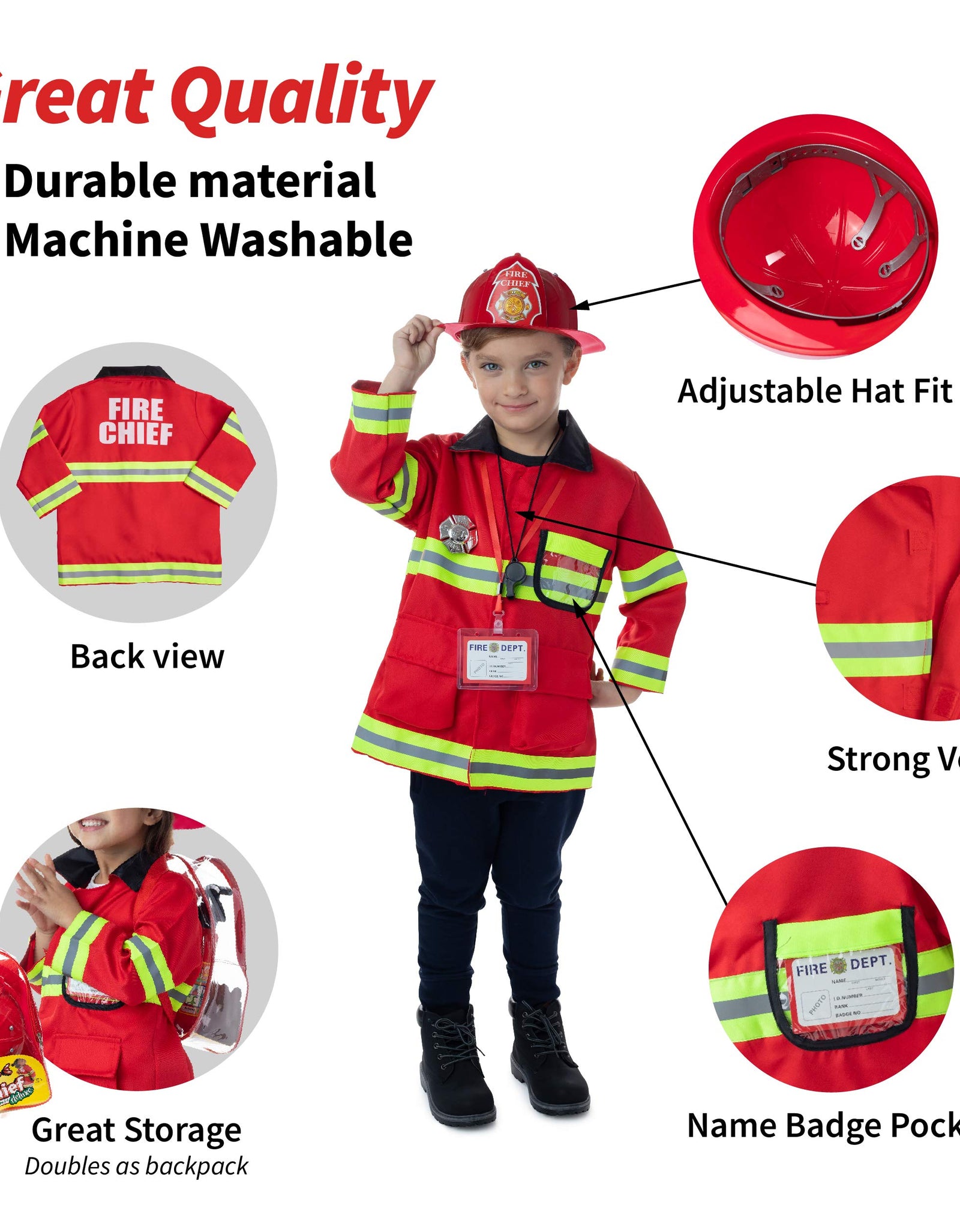 Born Toys 8 PC Premium WASHABLE kids Fireman Costume Toy for kids,Boys,Girls,Toddlers, and children with complete firefighter accessories