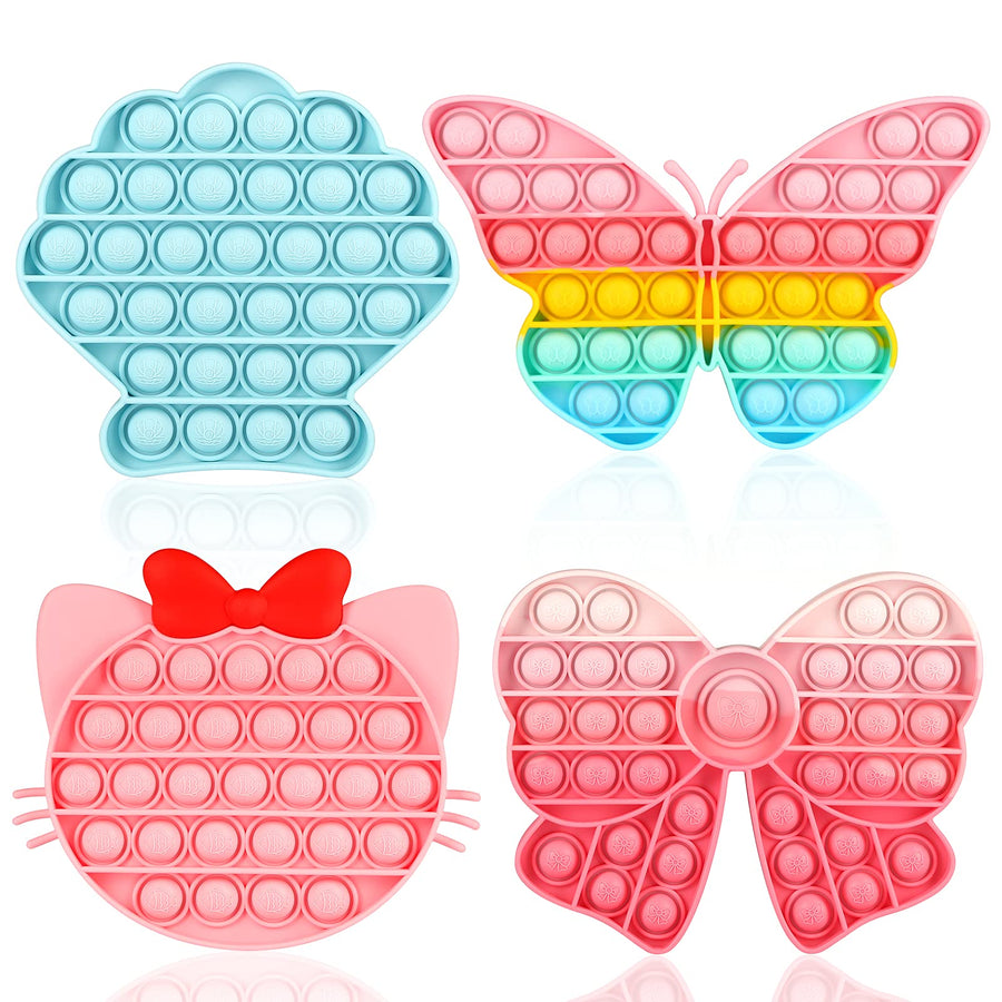 Asona Girls Push Bubble Fidget Toys 4 Packs with Pop Sound, Pastel Rainbow Butterfly Pink Cute Kitten Cat Bow Blue Seashell Popper Autism Sensory Stress Reliever Toys for Toddlers Kids Car Travel