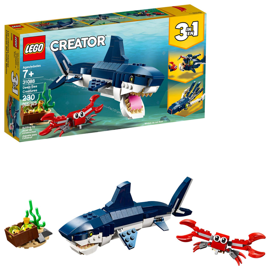 LEGO Creator 3in1 Deep Sea Creatures 31088 Make a Shark, Squid, Angler Fish, and Crab with This Sea Animal Toy Building Kit (230 Pieces)