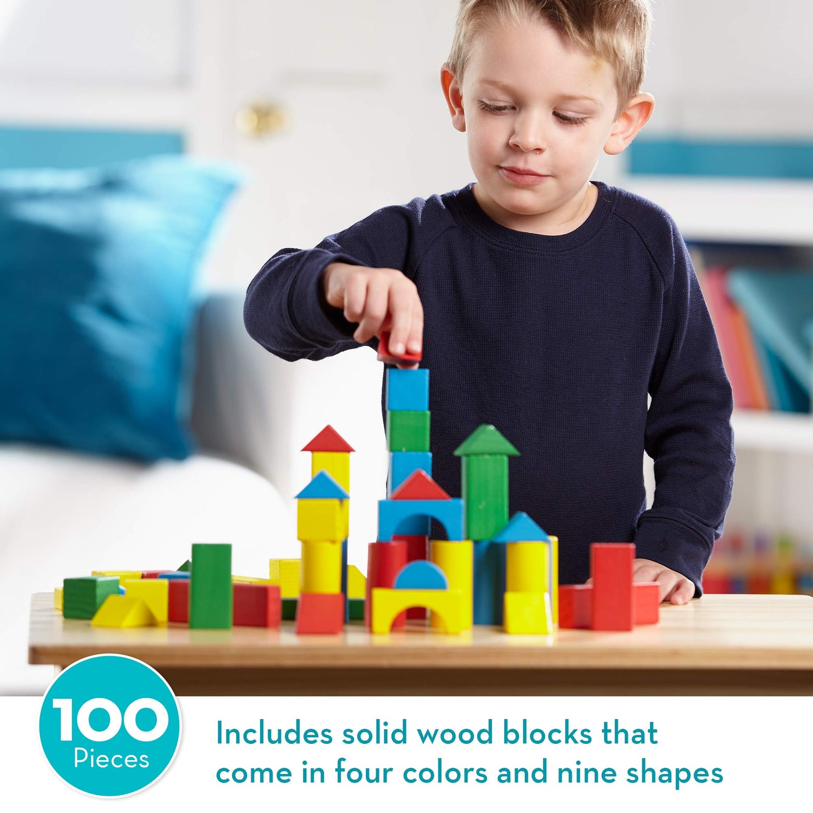 Melissa & Doug Wooden Building Blocks Set - 100 Blocks in 4 Colors and 9 Shapes