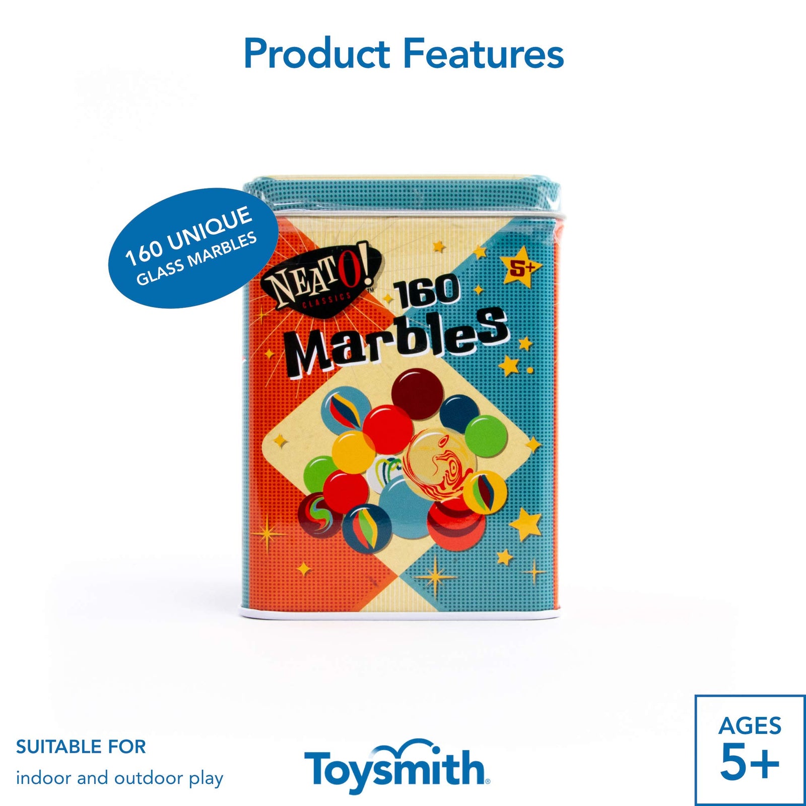 Toysmith Neato! Classics 160 Marbles In A Tin Box by Toysmith - Retro Nostalgia Glass Shooter, Marble Games Are Timeless Play For Kids - Boys & Girls [Amazon Exclusive]