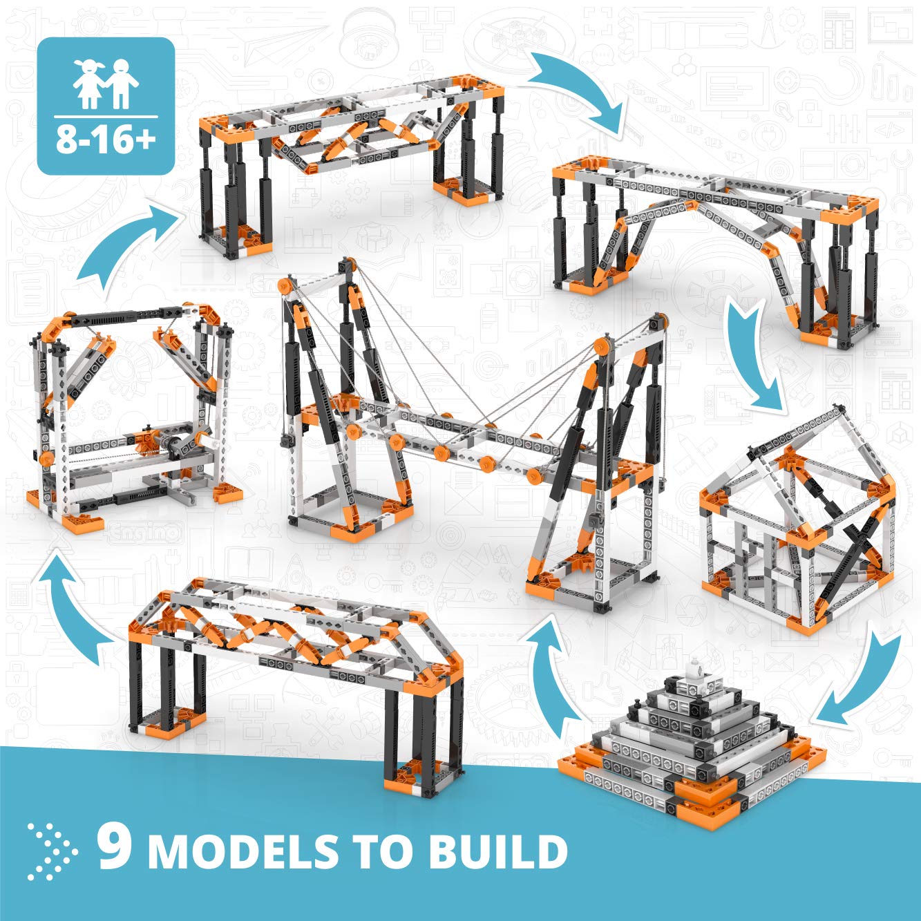Engino Discovering STEM Structures Constructions & Bridges | 9 Working Models | Illustrated Instruction Manual | Theory & Facts | Experimental Activities | STEM Construction Kit, Blue