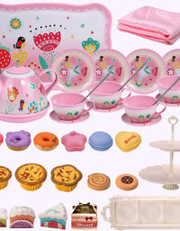 PRE-WORLD Tea Party Set for Little Girls, Princess Tea Time Toy Including Dessert,Cookies,Doughnut,Teapot Tray Cake, Tablecloth & Carrying Case,Kids Kitchen Pretend Play for Girls Boys Age 3-6
