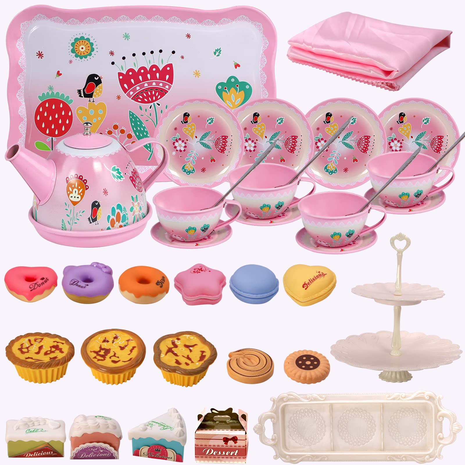 PRE-WORLD Tea Party Set for Little Girls, Princess Tea Time Toy Including Dessert,Cookies,Doughnut,Teapot Tray Cake, Tablecloth & Carrying Case,Kids Kitchen Pretend Play for Girls Boys Age 3-6