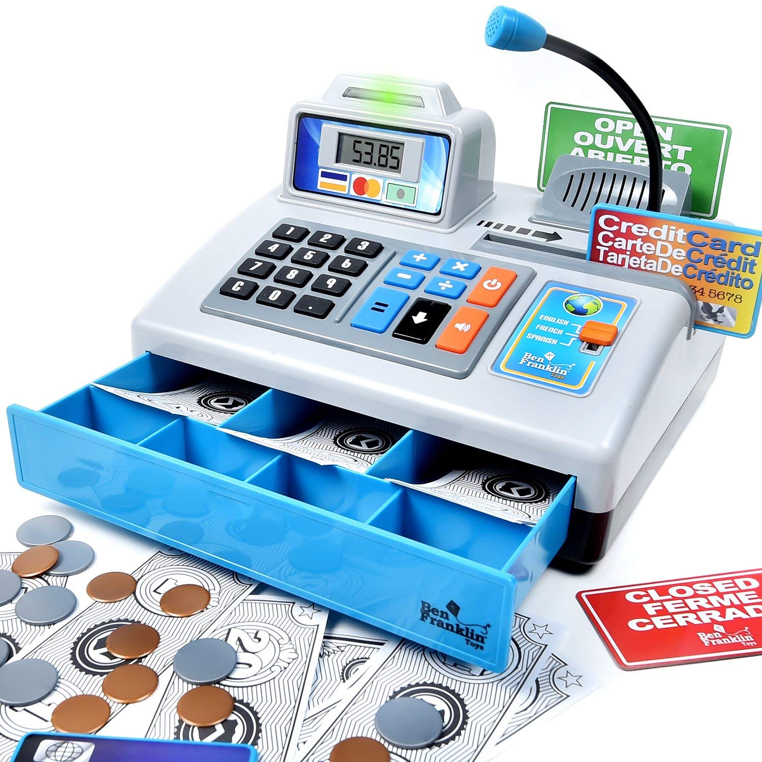 Ben Franklin Toys Talking Toy Cash Register - STEM Learning 69 Piece Pretend Store with 3 Languages, Paging Microphone, Credit Card, Bank Card, Play Money and Banking for Kids, Silver