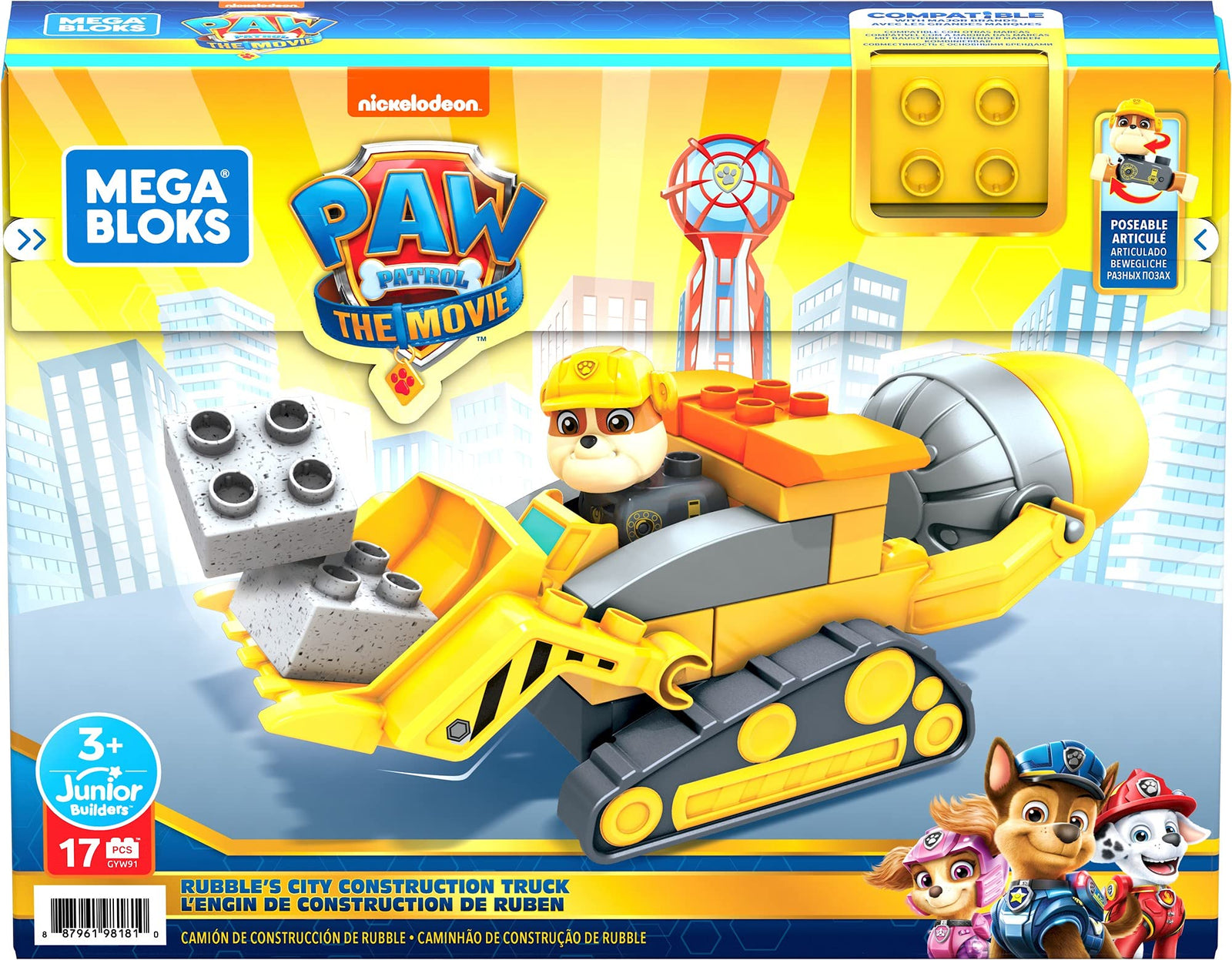 Mega Bloks PAW Patrol Rubble's City Construction Truck, Building Toys for Toddlers (17 Pieces)