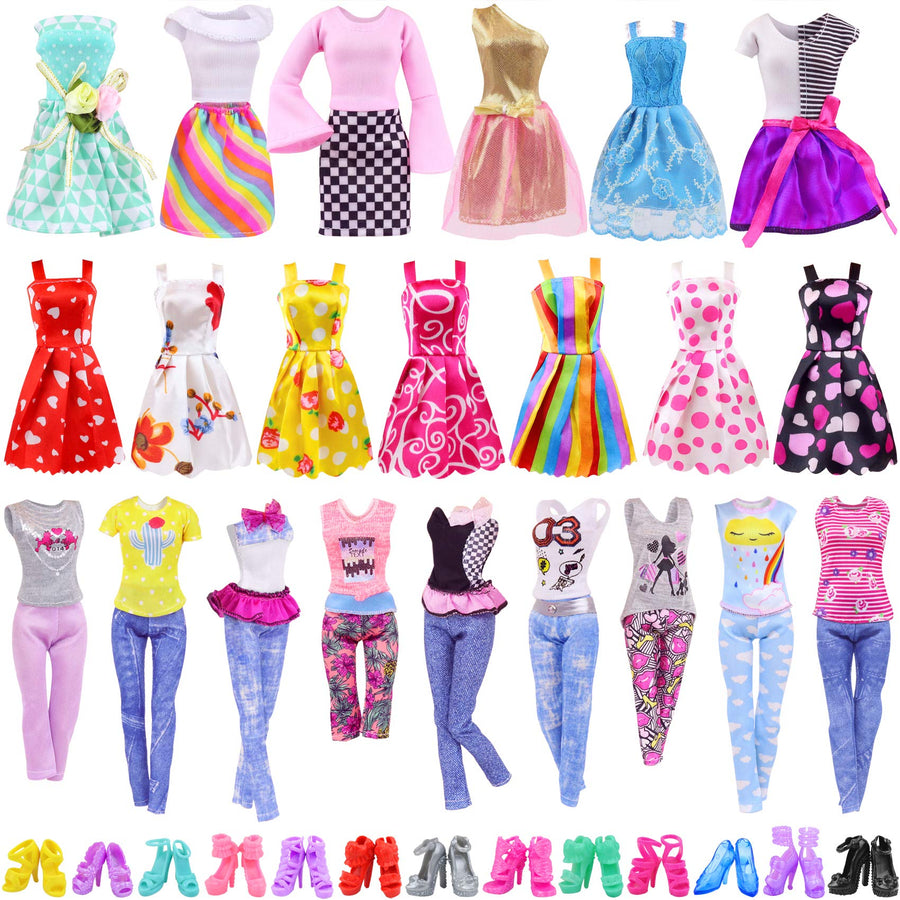 Ecore Fun 30 PCS Doll Clothes and Accessories 5 Fashion Clothes Sets 5 Fashion Skirts 10 Mini Dresses 10 Shoes Fashion Casual Outfits Set Perfect for 11.5 inch Dolls