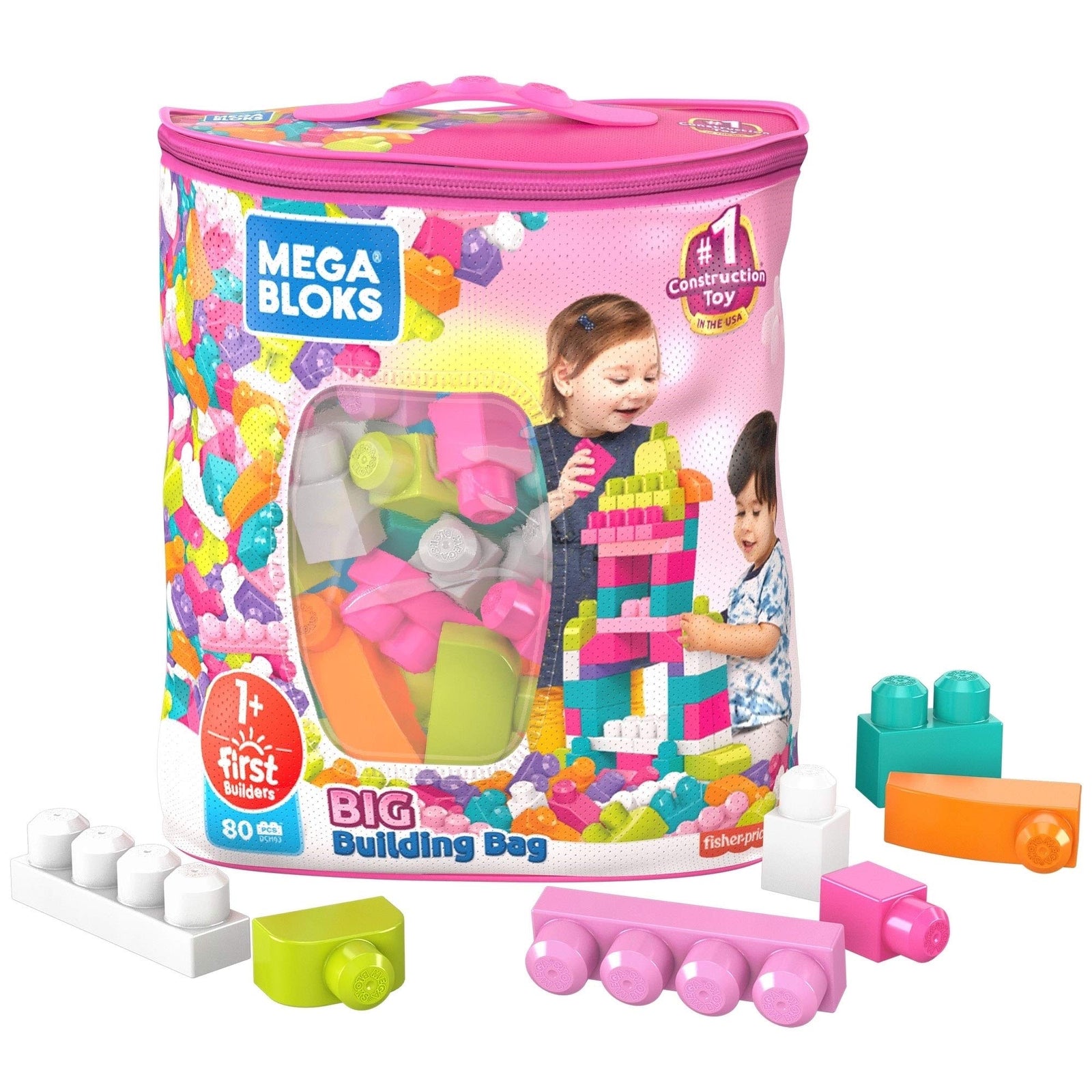 Mega Bloks First Builders Big Building Bag with Big Building Blocks, Building Toys for Toddlers (80 Pieces) - Pink Bag