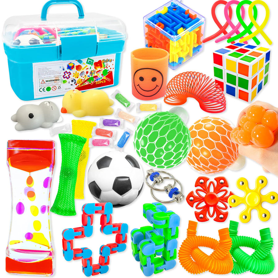 Kidcia Fidget Toys, 32 Pcs Fidget Packs/Box, Sensory Toys/Stress Relief Set for Kids, Autistic Children, Adults with Marble Mesh/Squeeze Grape Ball/Liquid Motion Timer- Gift for Birthday/Class Reward