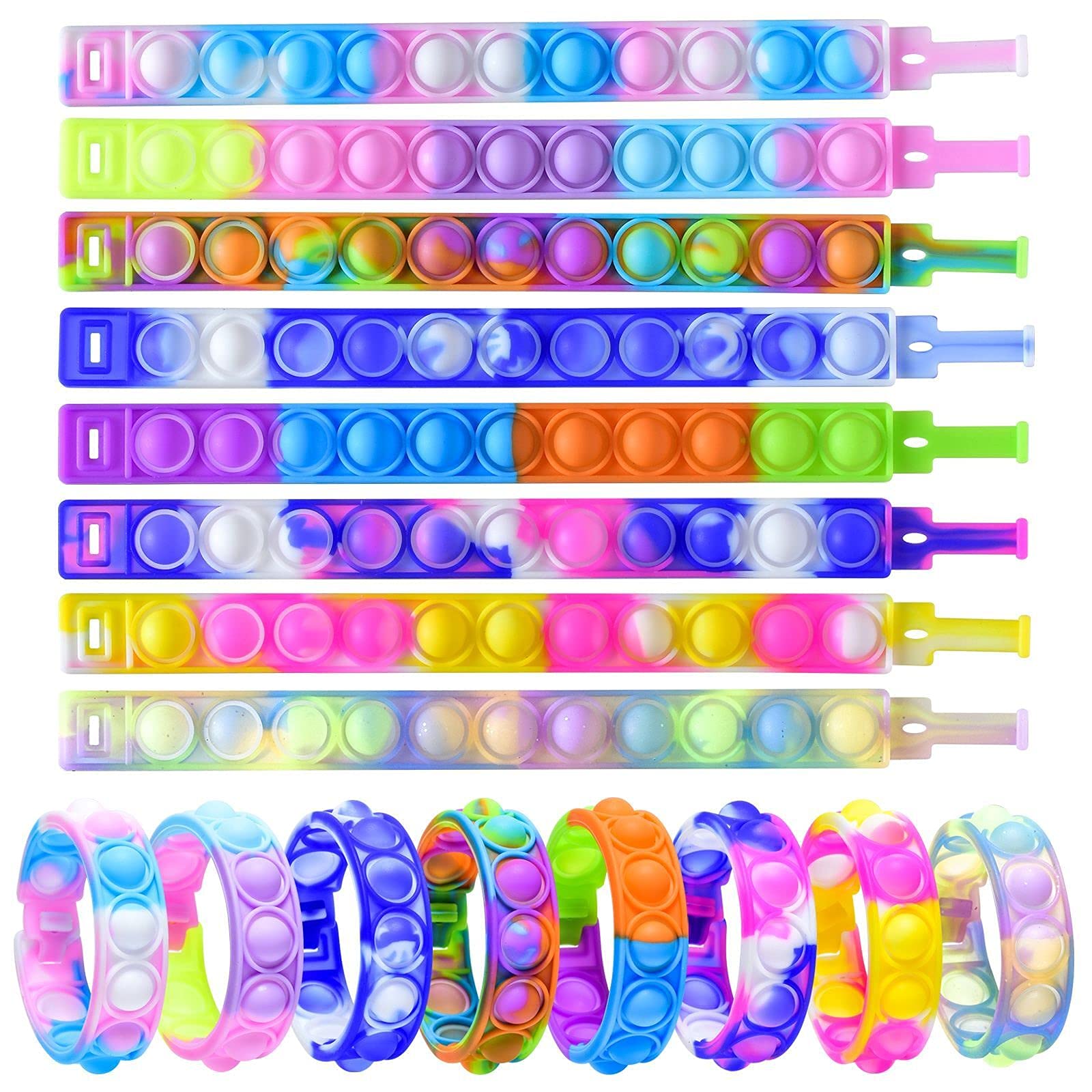 Zxhtwo 16 Pcs Pop Fidget Toy Fidget Bracelet, Wearable Push Poping Bubble Sensory Toys Stress Relief Finger Press Silicone Wristband for Kids and Adults ADHD ADD Autism Anxiety
