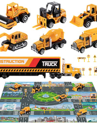 TEMI Diecast Engineering Construction Vehicle Toy Set w/ Play Mat,Truck Carrier,Forklift,Bulldozer,Excavator,Mixer,Dump Truck, Alloy Metal Car Toys Set for 3 4 5 6 Years Old Toddlers Kids Boys & Girls
