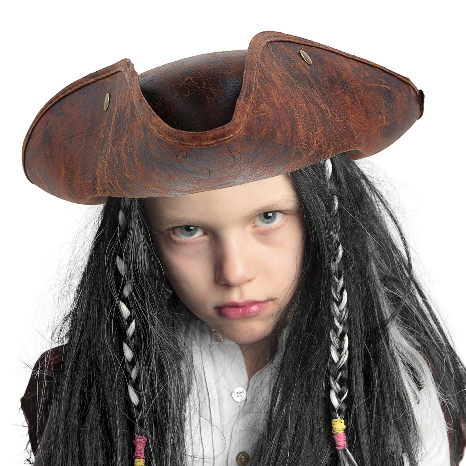 Skeleteen Faux Leather Pirate Hat - Brown Distressed Leather Colonial Style Tricorn Hat