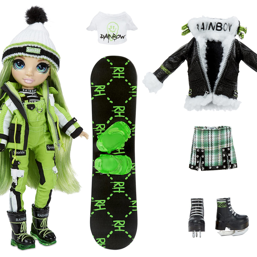 Rainbow High Winter Break Jade Hunter – Green Fashion Doll and Playset with 2 Designer Outfits, Snowboard and Accessories, Gift for Kids and Collectors, Toys for Kids Ages 6 7 8+ to 12 Years Old