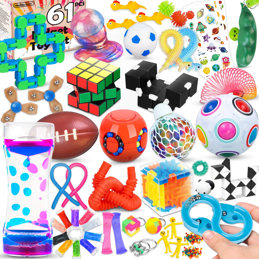 61 Pcs Sensory Fidget Toys Pack,Stress & Anxiety Relief Tools Bundle Figetget Toys Set for Kids Adults,Autistic ADHD Toys,Stress Balls Fidget Spinner Marble Mesh Puzzle Ball Pop Tube Fidget Box