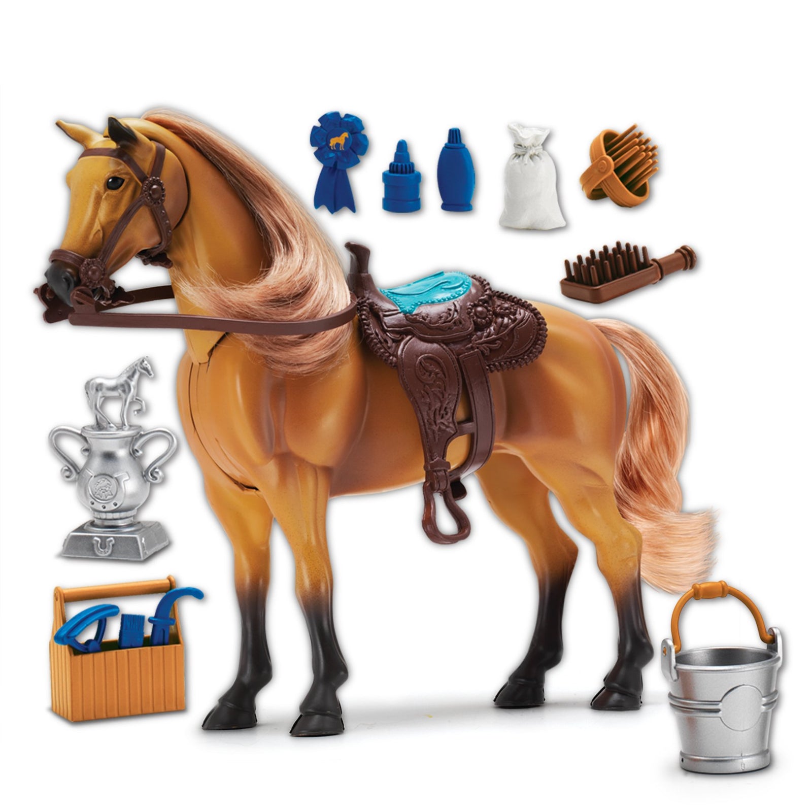 Sunny Days Entertainment Quarter Horse with Moveable Head, Realistic Sound and 14 Grooming Accessories - Blue Ribbon Champions Deluxe Toy Horses
