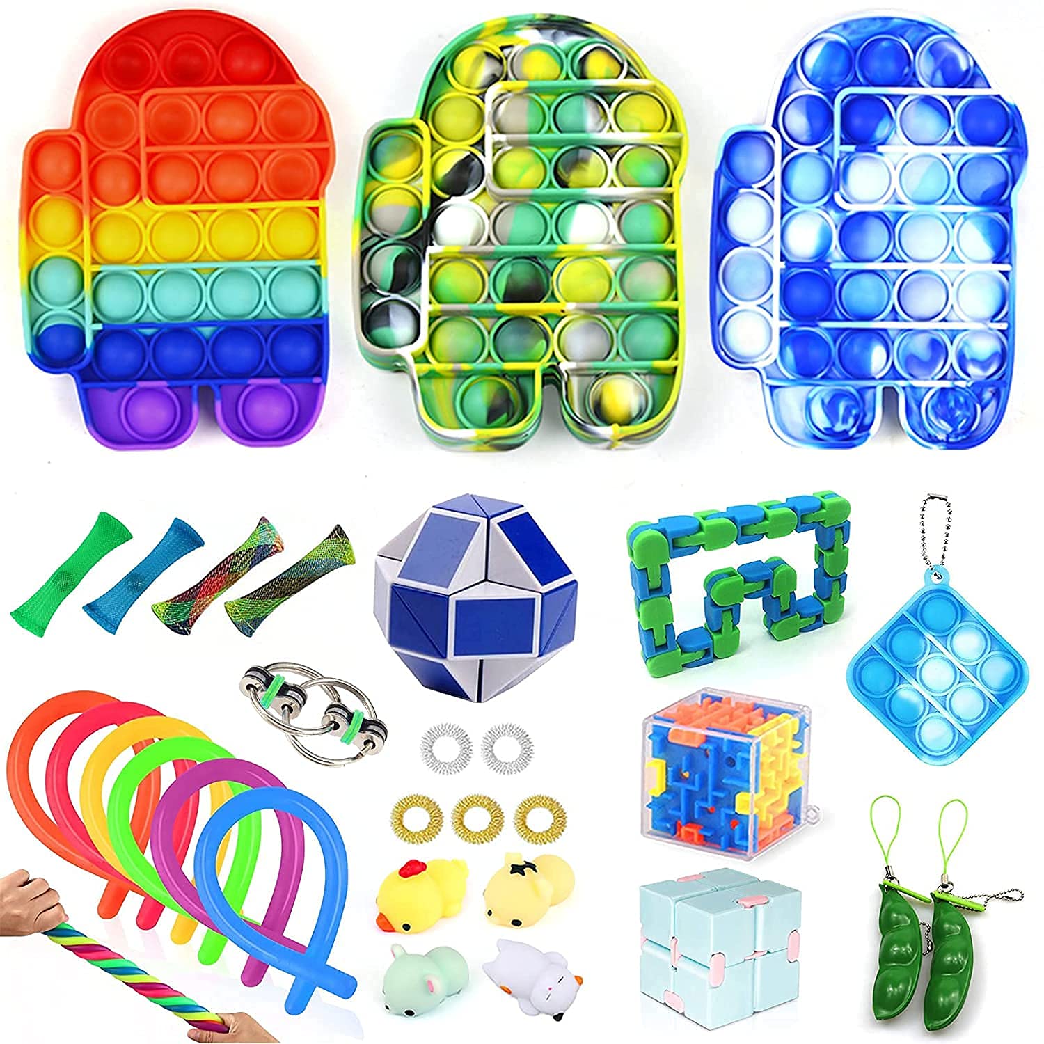 RURING 30pcs Fidget Toys Sensory Fidget Toys Set Fidget Toys Set Tangle Fidget Toys Anti-Anxiety Tools and Special Toys Fidget Toys Relieves Stress Squeeze Toy for Birthday Party Rainbow Colors