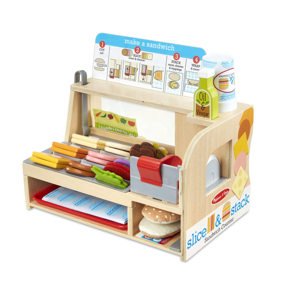 Melissa & Doug Wooden Slice & Stack Sandwich Counter with Deli Slicer – 56-Piece Pretend Play Food Pieces