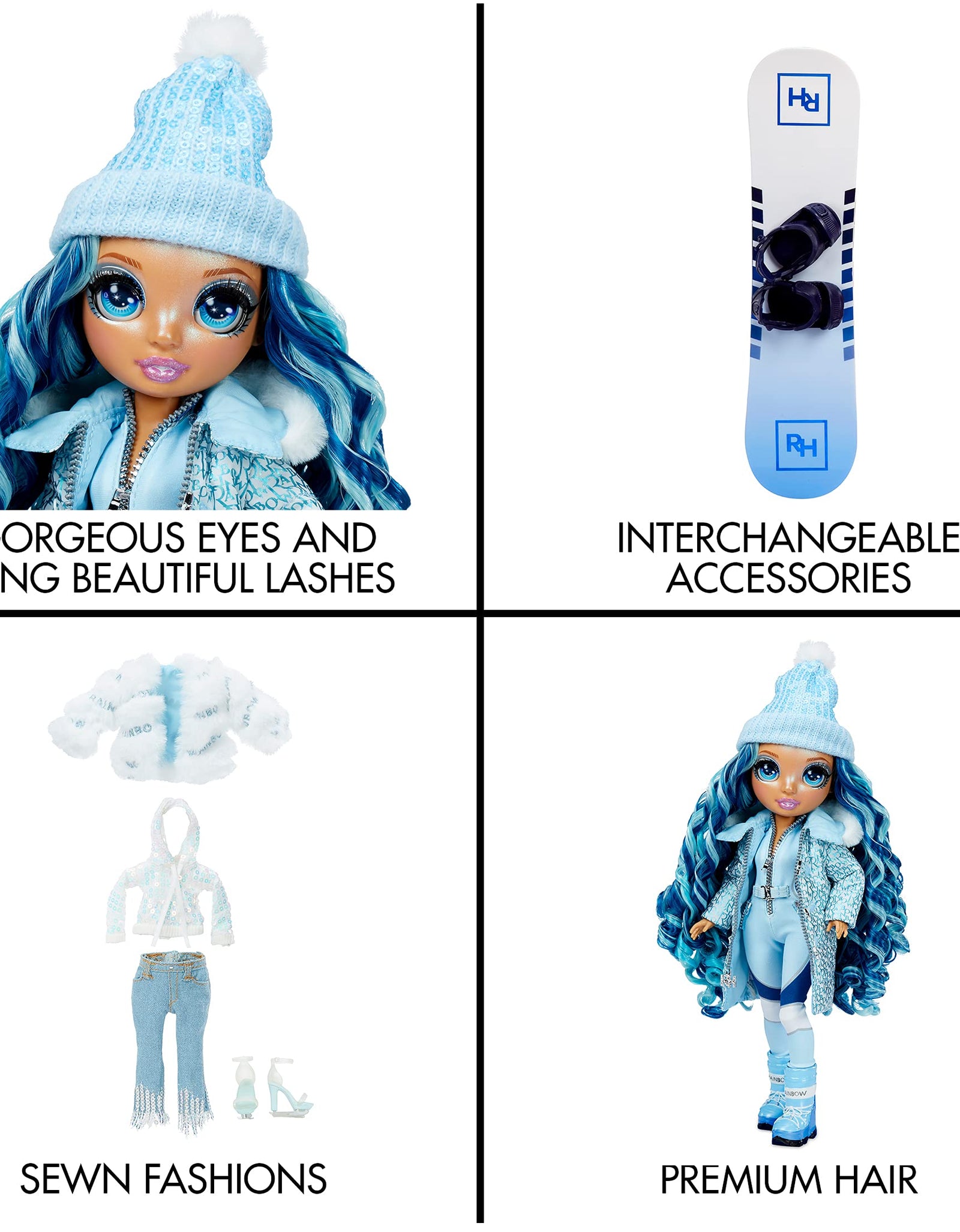 Rainbow High Winter Break Skyler Bradshaw – Blue Fashion Doll and Playset with 2 Designer Outfits, Snowboard Accessories, Gift for Kids and Collectors, Toys for Kids Ages 6 7 8+ to 12 Years Old
