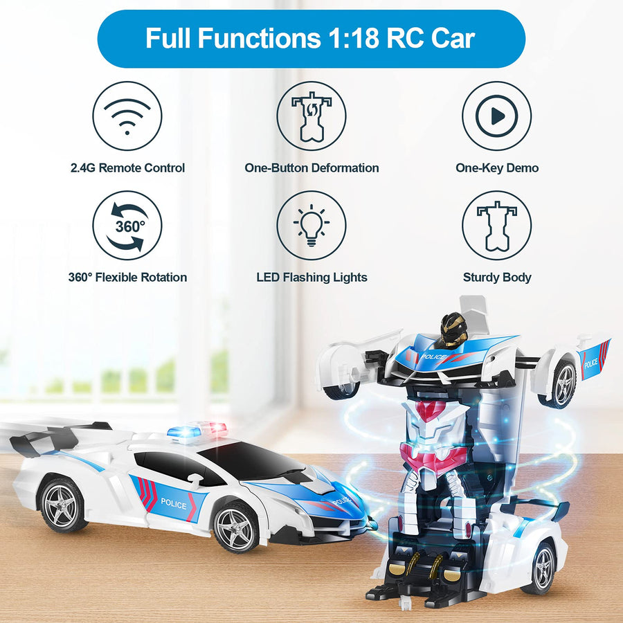 CEGOUFUN 1:18 Scale Transform RC Car Robot for Kids, Remote Control Car with One Button Deformation, 2.4Ghz Remote Control Police Toy Car with 360 Degree Drifting, Great Toys Gift for Boys Girls