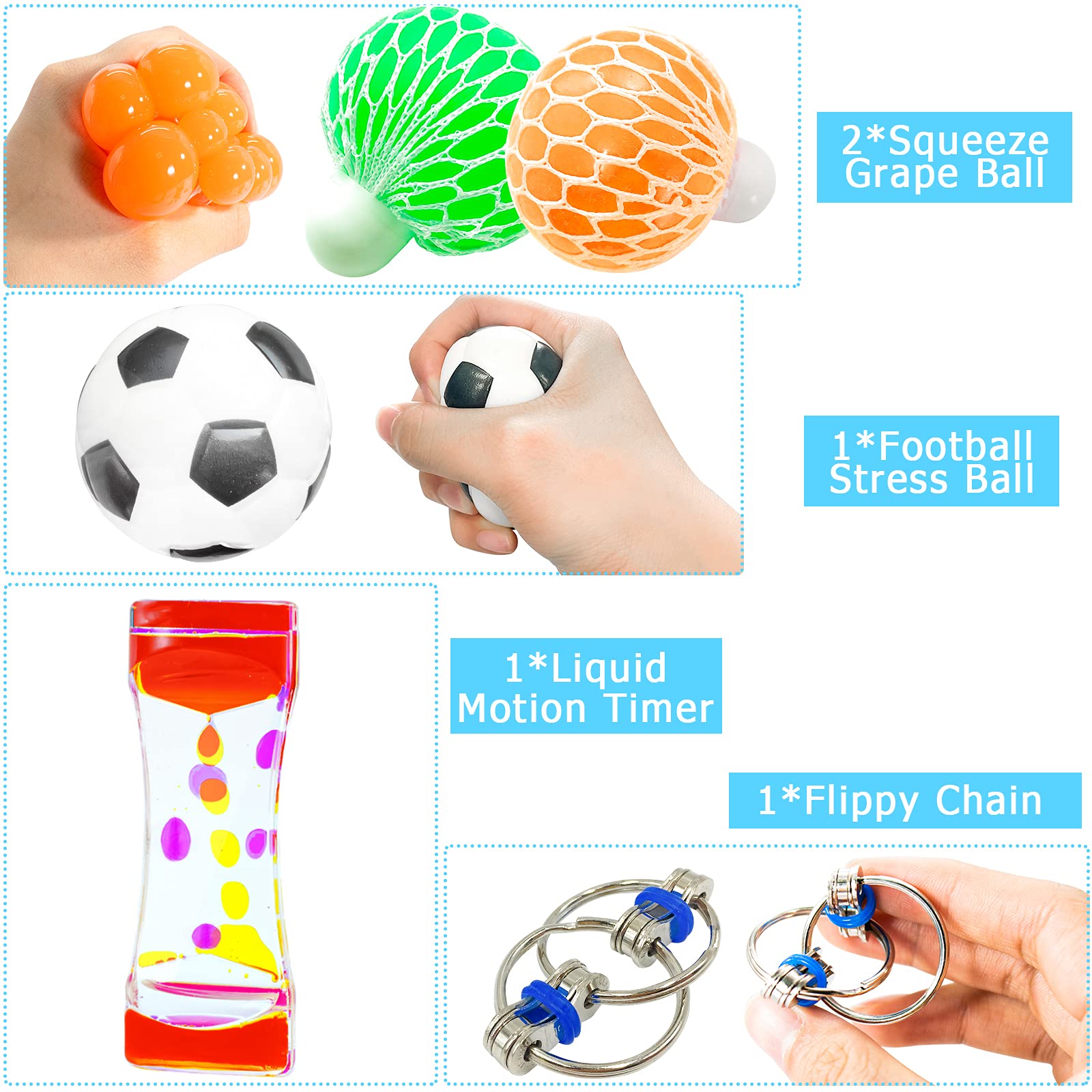 Kidcia Fidget Toys, 32 Pcs Fidget Packs/Box, Sensory Toys/Stress Relief Set for Kids, Autistic Children, Adults with Marble Mesh/Squeeze Grape Ball/Liquid Motion Timer- Gift for Birthday/Class Reward