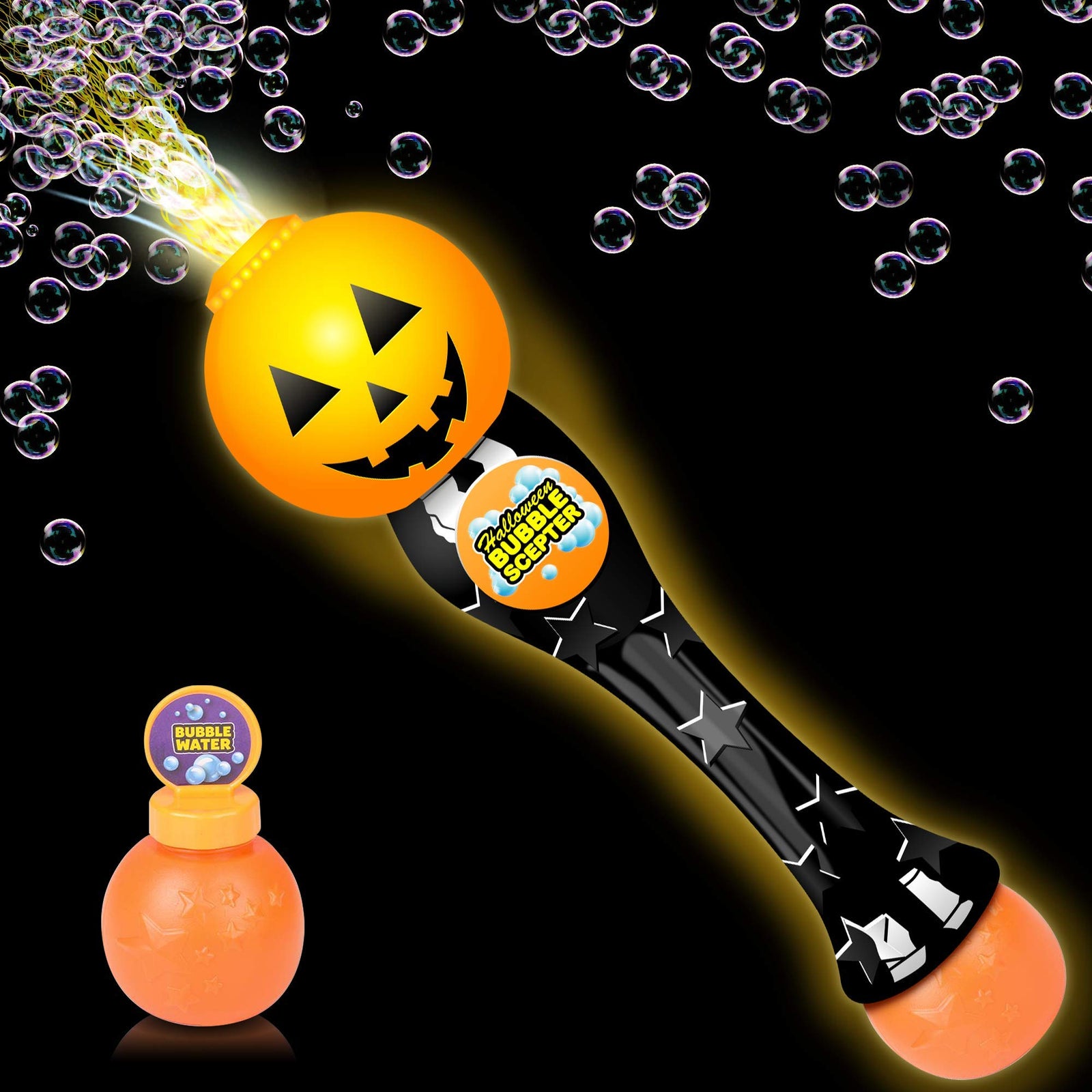 ArtCreativity Light Up Halloween Bubble Blower Wand - 13.5 Inch Illuminating Bubble Blower Wand with Thrilling LED Effect for Kids, Bubble Fluid - Batteries Included - Gift Idea, Halloween Party Favor