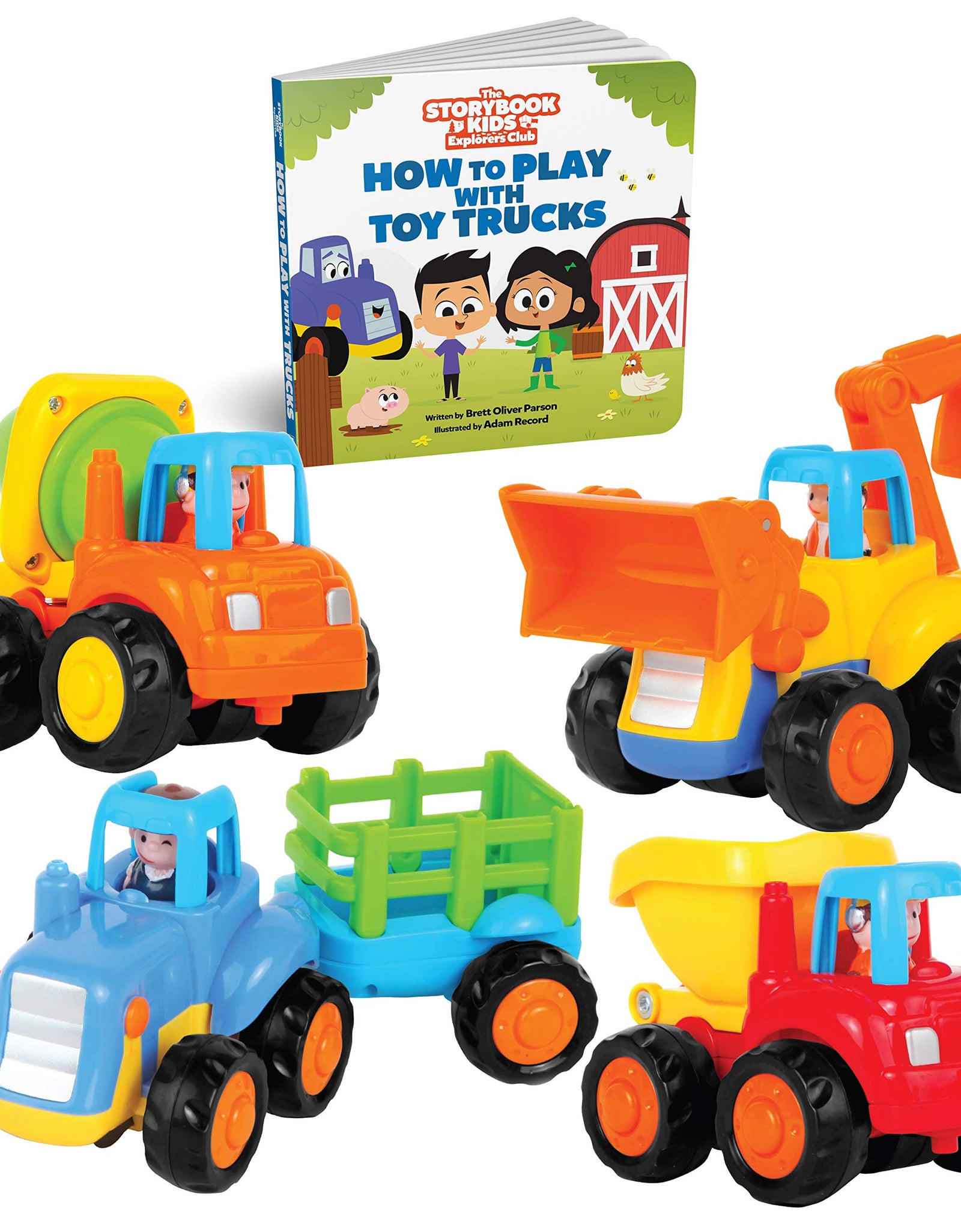 Educational Play Set for Kids Age 1, 2, 3 - Push & Pull Cars for Two Year Olds  - Storybook Toys for 2 Year Old Boy - Toys for 1 Year Old - Toddler Construction Friction Toy Trucks for 2 Yr Old Boys