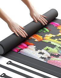 Newverest Jigsaw Puzzle Mat Roll Up, Saver Pad 46” x 26” Portable Up to 1500 pieces with Non-Slip Rubber Bottom and Smooth Polyester Top + Storage Bag, Foam Rolling Tube, 3 Hook & Loop Fastener Straps
