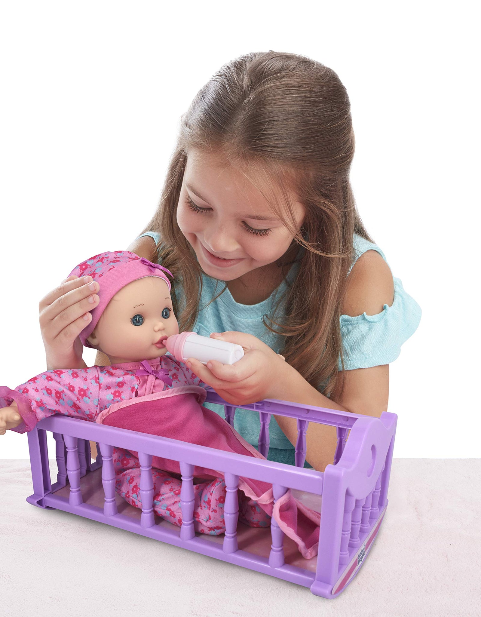 Baby Magic Crib Time Fun (6556), 12” Soft body baby doll, 6 different baby sounds, molded crib, accessories and bonus outfit. Age 2+, Caucasian [Amazon Exclusive]